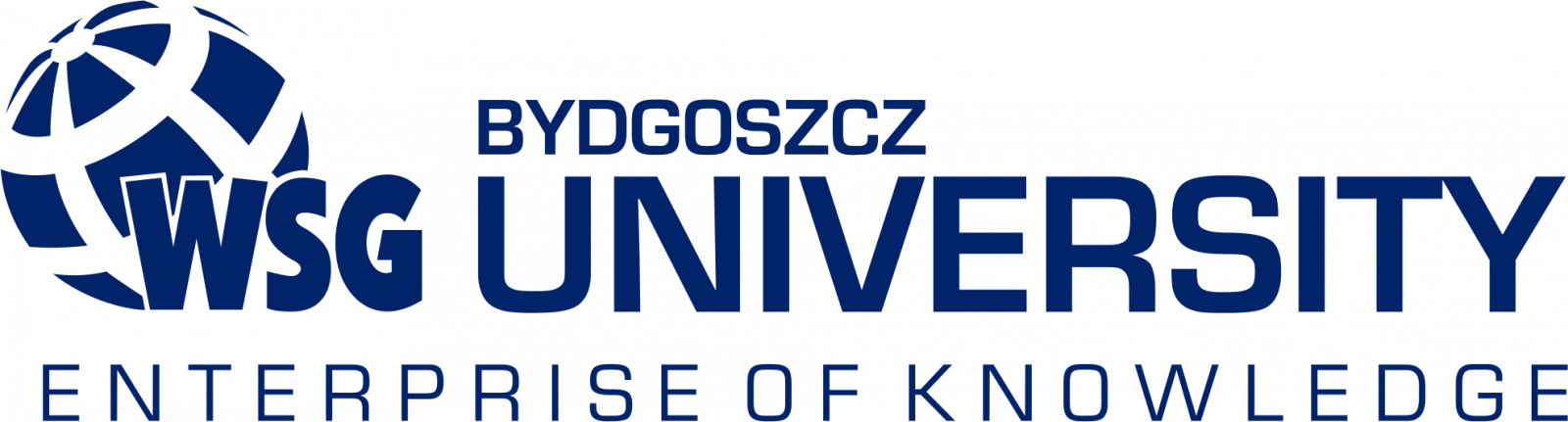 logo Uczelni WSG - granatowy napis po angielsku granatowy globus i obok napisane WSG BYDGOSZCZ University , a poniżej napis Enterprise of knowledge
